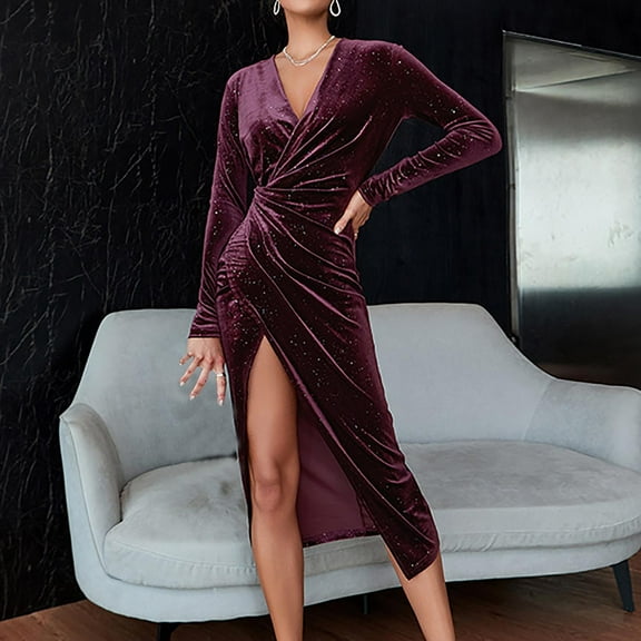 BVOFAR Women's V Neck Wrap Velvet Dress Long Sleeve Elegant Bodycon Ruched Dresses Cocktail Party Maxi Dress High Split Glitter Formal Dresses