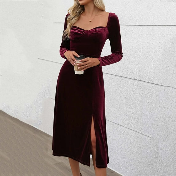 BVOFAR Women's Velvet Long Sleeve Dress Square Neck Bodycon Long Dresses High Slit Solid Color Vintage Gowns Cocktail Party Dress