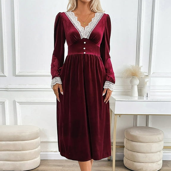 BVOFAR Women's Velvet Maxi Dress Lace V Neck Long Sleeve Dresses Elegant High Waist Pleated Dress Formal Cocktail Party Dresses