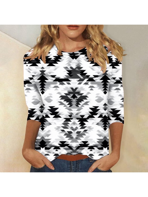 Women's Western Ethnic Style Tops Round Neck 3/4 Sleeve Shirts Casual Aztec Print T-Shirts Plus Size Loose Fit Blouses
