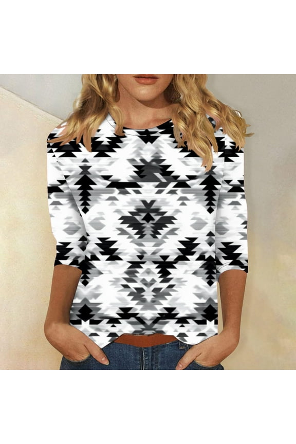 Women's Western Ethnic Style Tops Round Neck 3/4 Sleeve Shirts Casual Aztec Print T-Shirts Plus Size Loose Fit Blouses