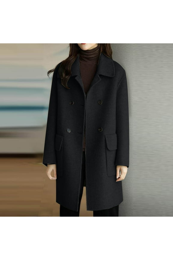 Women's Wool Blend Peacoats Plus Size Lapel Collar Double Breasted Trench Coats Casual Open Front Long Sleeve Jackets Fall Winter Mid Length Peacoat