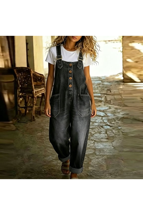Women's Y2K Denim Bib Overall Button Front Wide Leg Jean Jumpsuits Adjustable Strap Hip Hop Jean Jumpsuit Vintage Loose Romper Black L