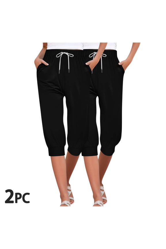 Womens 2 Pack Capris Joggers with Pockets Knee Length Elastic Waist Athletic Capri Pants Casual Drawstring Summer Cropped Trousers for Hiking Running Black XL