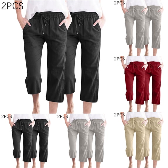 BVOFAR Womens 2 Pack Linen Capri Pants Loose Fit Drawstring Straight Leg Crop Trousers Comfy Elastic Waisted Capris Casual Summer Travel Cropped Pant Gray XXXL