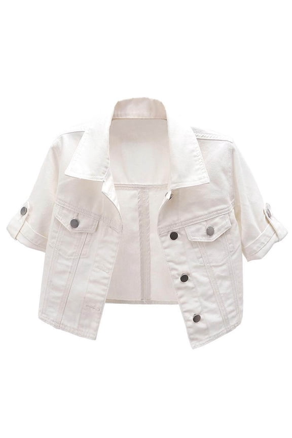 Womens 3/4 Sleeve Cropped Domin Jackets Lapel Button Down Jean Jacket Casual Short Trucker Coats