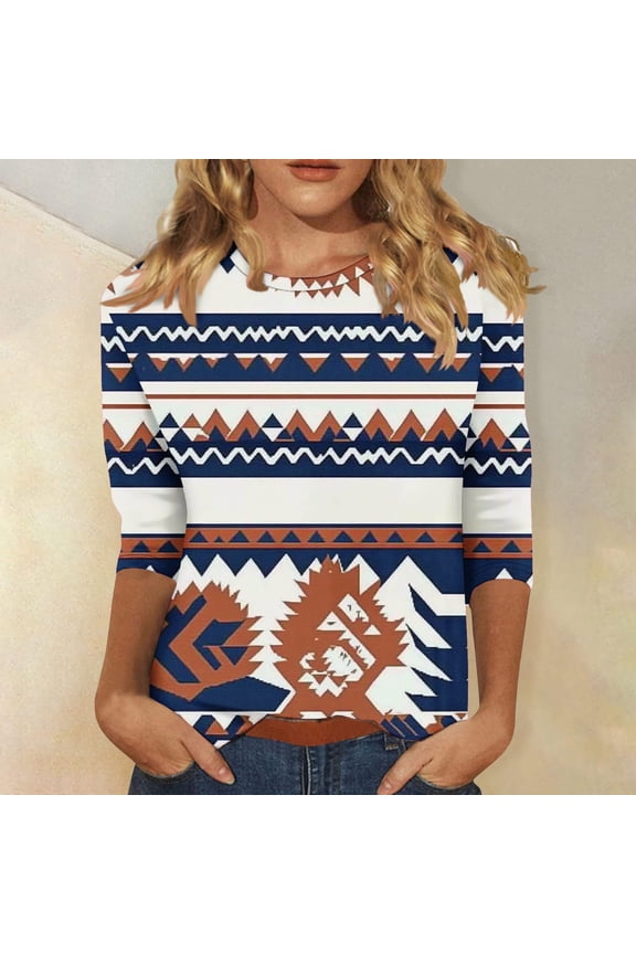 Womens Aztec Graphic 3/4 Sleeve Shirts Plus Size Comfy Blouses Dressy Casual Crewneck Tops Vintage Loose Fit Tunics