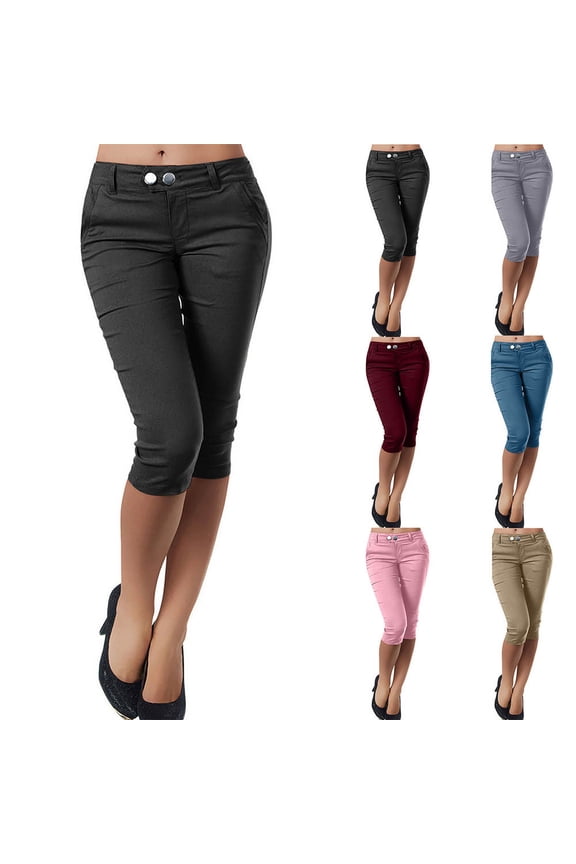Womens Capri Leggings with Pockets Dressy Casual Pull On Pedal Pushers Slim Fit Mid Rise Capris Business Work Cropped Trousers Navy L