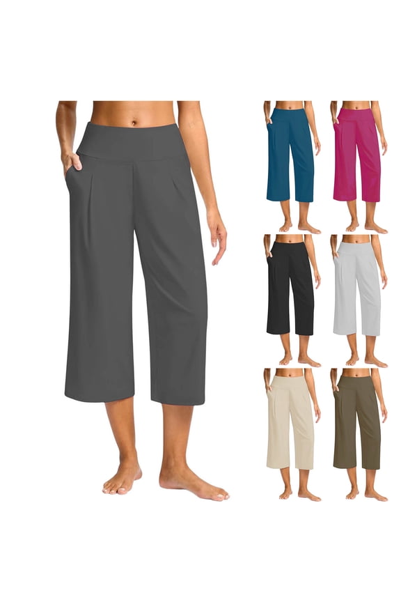 Womens Capri Pants Dressy Casual Tummy Control Crop Yoga Pant with Pockets Soft High Waist Straight Leg Lounge Capris Blue L