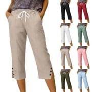 BVOFAR Womens Capri Pants Loose Fit Drawstring Elastic Waisted Crop Trousers Lightweight Comfy Summer Beach Capri Pants with Pockets Khaki XL