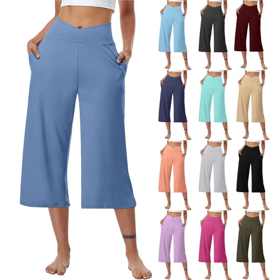 BVOFAR Womens Capri Pants with Pockets Stretch Pull On Wide Leg Crop Pant Casual Summer Solid Color Capris with Pockets for Running Sports Black L