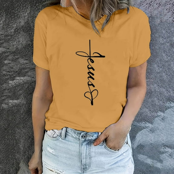 BVOFAR Womens Casual Jesus Letter Print T-Shirts Round Neck Short Sleeve Christian Tops Holiday Blessed Faith Shirts
