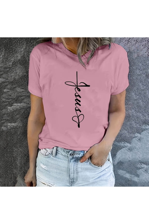 Womens Casual Jesus Letter Print T-Shirts Round Neck Short Sleeve Christian Tops Holiday Blessed Faith Shirts