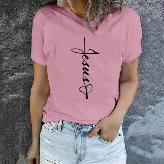 BVOFAR Womens Casual Jesus Letter Print T-Shirts Round Neck Short Sleeve Christian Tops Holiday Blessed Faith Shirts