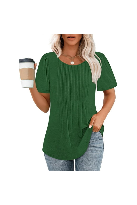 Womens Casual Pleated Short Sleeve Tunics Summer Round Neck Waist Shirts Solid Color Curved Hem Ruched Stretch Fitted Tops
