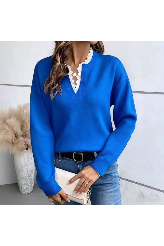 Womens Cozy Sweaters Casual V Neck Ribbed Knit Tops Long Sleeve Lightweight Pullover Fall Travel Jumpers