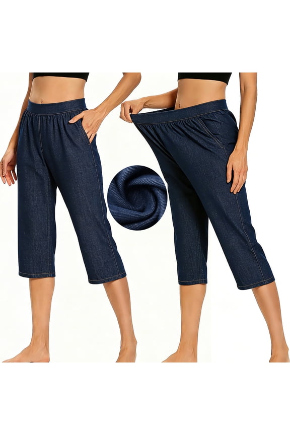 Womens Denim Print Capri Pants with Pockets Stretch Fake Jean Wide Leg Crop Pant Loose Fit Pull On Capris Casual Summer Amanda Trousers Dark Blue M
