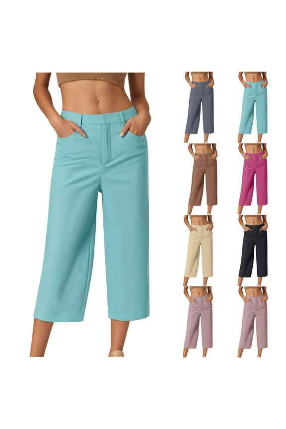 Womens Dress Capris with Pockets Dressy Casual Pull On Work Capri Pants Wide Leg Chino Cropped Slacks Solid Color Crop Trousers Brown S