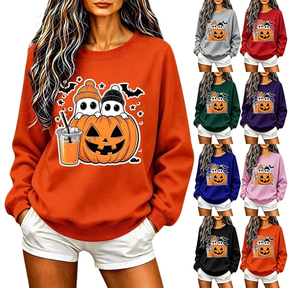 BVOFAR Womens Halloween Sweatshirts Spooky Ghost Print Pullovers Fall Work Crewneck Long Sleeve Sweater Tops Halloween Costumes XS