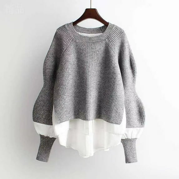 BVOFAR Womens Lantern Long Sleeve Sweaters Trendy Ribbed Knit Patchwork Pullover Cozy Oversized Crewneck Jumpers Fall Winter Casual Tops