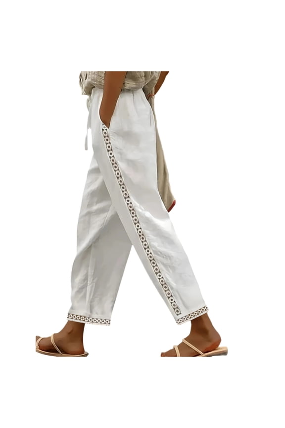 Womens Lightweight Pants Loose Fit Wide Leg Trousers with Pockets Comfy Embroidery Drawstring Pant Summer Beach Resort Wear White M