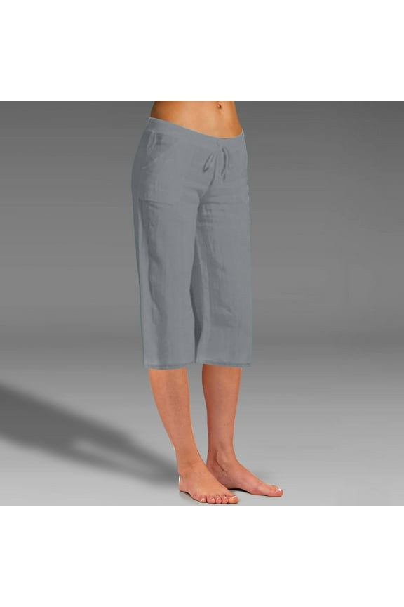 Womens Linen Capri Pants Summer Elastic Waist Capri Shorts Ladies Wide Leg Drawstring Skimmers Beach Solid Color Lightweight Capris Womens Summer Pants