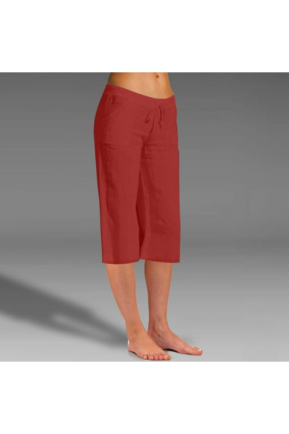 Womens Linen Capri Pants Summer High Waist Capri Shorts Petite Straight Leg Drawstring Skimmers Beach Solid Color Athletic Capris Womens Plus Size Capris