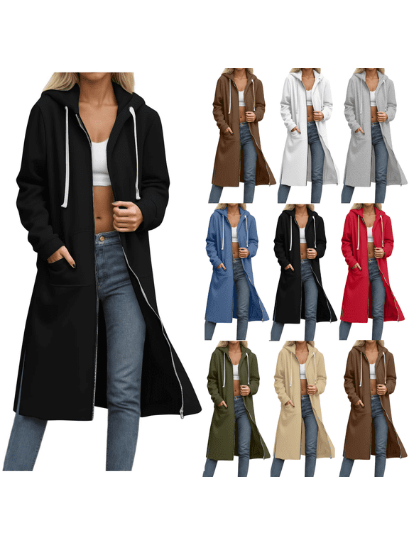 Womens Long Hoodies Zip Up Hooded Jacket Tunic Oversized Casual Long Sleeve Sweatshirts Fall Winter Fashion Clothes Black XXL