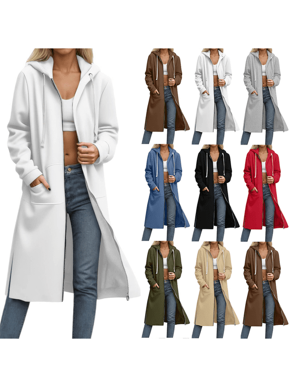 Womens Long Hoodies Zip Up Hooded Jacket Tunic Oversized Casual Long Sleeve Sweatshirts Fall Winter Fashion Clothes White XL