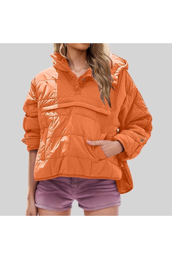 Womens Oversized Puffer Jacket Fashion Cropped Button Collar Hoodies Pullover Casul Long Sleeve Hooded Coats Winter Warm Outwear