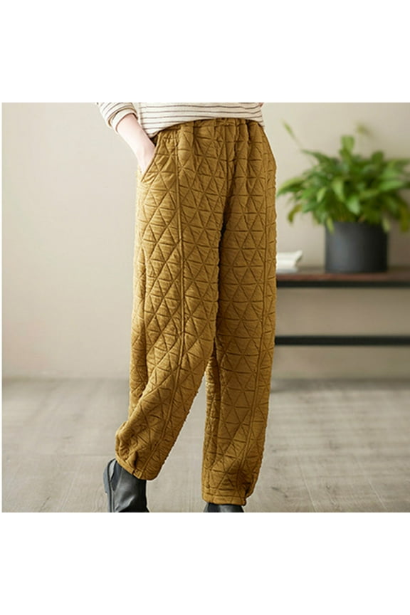 Womens Padded Quilted Pants Fall Winter Warm Comfy Pants with Pockets Casual Wide Leg Trousers Solid Color Elastic Drawstring Waist Pants