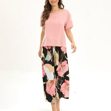 BVOFAR Womens Pajamas Set Solid Color Short Sleeve Tops Floral Print Capri Pants Pjs Sets Casual Cozy Loungewear Set