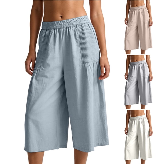 BVOFAR Womens Palazzo Capri Pants Petite Wide Leg Baggy Gaucho Capris Boho Casual Elastic Waist Summer Beach Skirt Pants with Pockets Pink XXXL