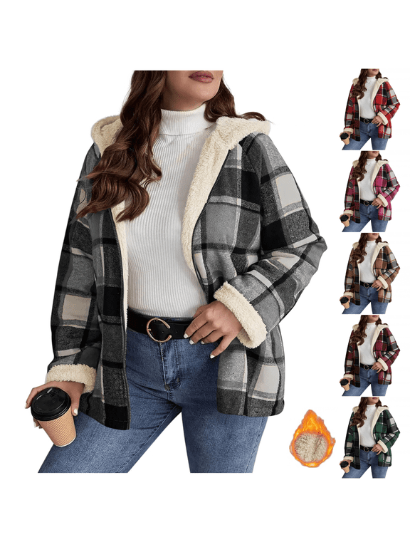 Womens Plaid Flannel Fleece Jacket Long Sleeve Sherpa Lined Shacket Jackets with Hood Warm Cute Zip Up Hoodies Trendy Winter Clothes Gray XL
