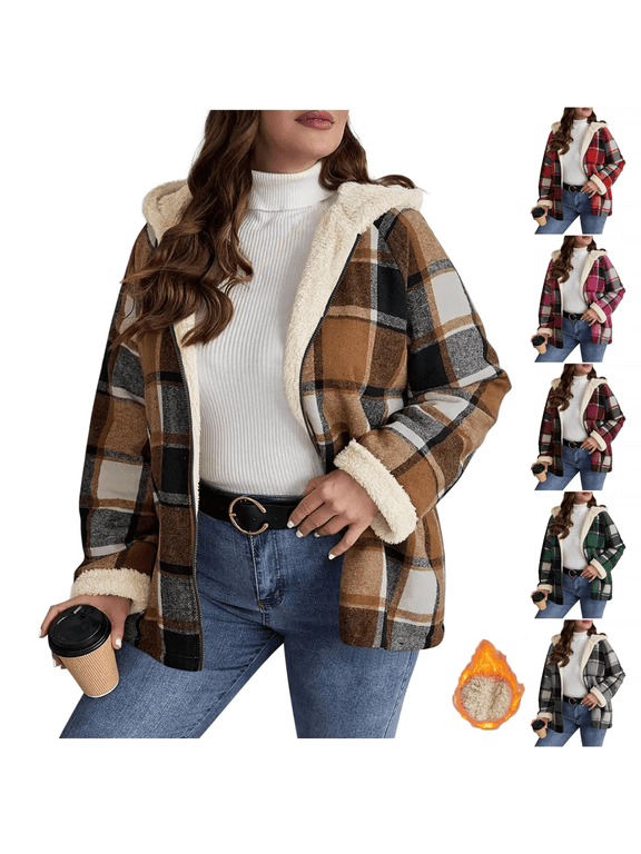 Womens Plaid Flannel Fleece Jacket Long Sleeve Sherpa Lined Shacket Jackets with Hood Warm Cute Zip Up Hoodies Trendy Winter Clothes Khaki XXL