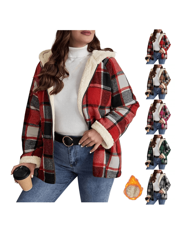 Womens Plaid Flannel Fleece Jacket Long Sleeve Sherpa Lined Shacket Jackets with Hood Warm Cute Zip Up Hoodies Trendy Winter Clothes Red L