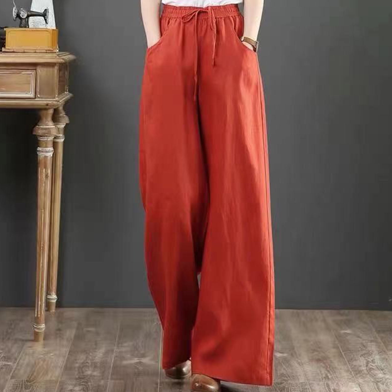 Women's Linen Texture Wide Leg Palazzo Pants Elastic Drawstring Waist Casual Style HPA02256