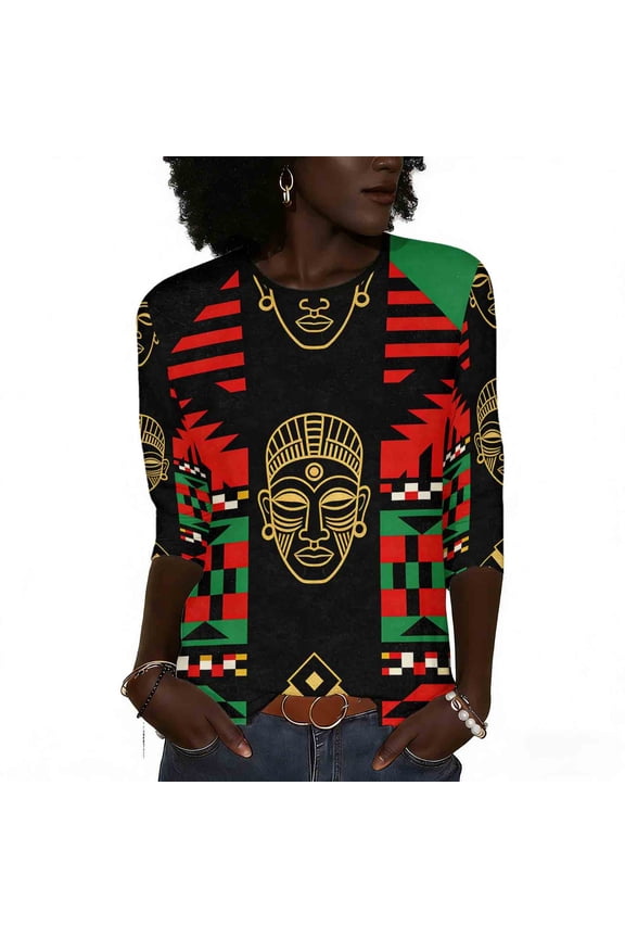 Womens Print Shirt African Dashiki 3/4 Sleeve Boho Blouses Black History Month T Shirts Loose Fit Crewneck Tops Black L