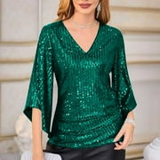 BVOFAR Womens Sparkly Sequin Tops Dressy 3/4 Sleeve V Neck Blouses Evening Party Club Cocktail Shirts Wrap Solid Color T-Shirts