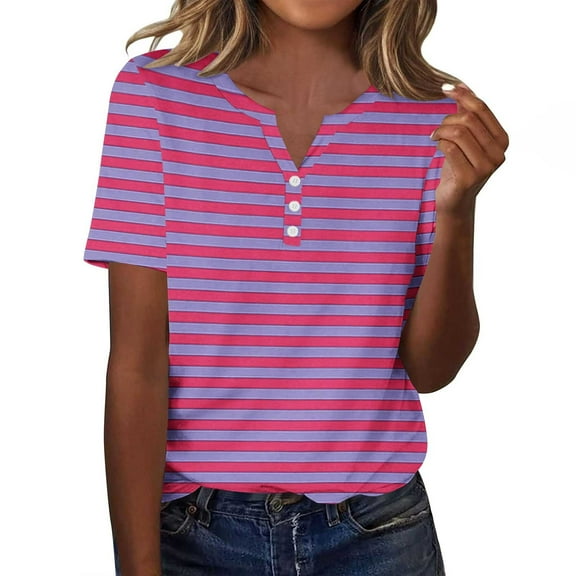 BVOFAR Womens Trendy Striped Tops 2025 Short Sleeve V Neck Button Shirts Summer Casual Color Block Tunics