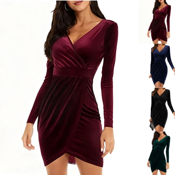 BVOFAR Womens V Neck Wrap Velvet Dress Long Sleeve Bodycon Elegant Dresses Ruched Cocktail Party Mini Dress