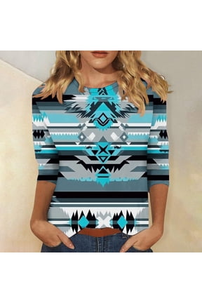 Womens Western Ethnic Aztec Print Shirts 3/4 Sleeve Plus Size Tops Crewneck Casual Loose Fit Blouses