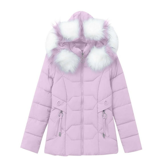 BVOFAR Womens Winter Thicken Warm Down Coat Long Sleeve Thermal Puffer Jacket with Faux Fur Hood Solid Color Full Zip Quilted Jackets with Pockets