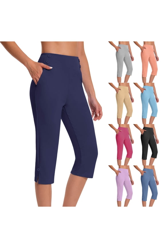 Womens Yoga Capris Pants Plus Size High Waist Tummy Control Workout Crop Track Pant Loose Fit Straight Leg Capri Trousers with Pockets Navy M
