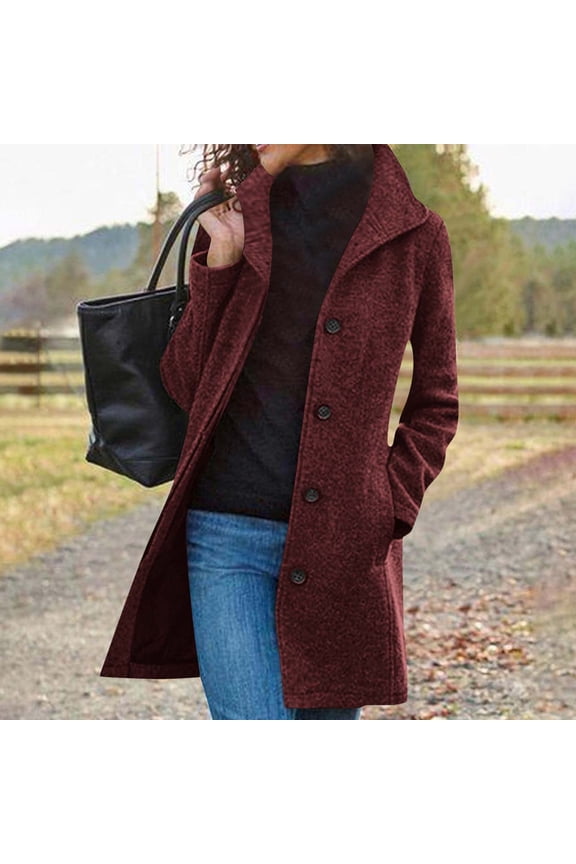 Wool Blend Trench Coat for Women Casual Stand Collar Single Breasted Pea Coat Long Sleeve Comfy Overcoats Fall Winter Coats