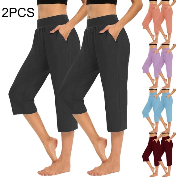 BVOFAR Workout Capri Pants for Women with Pocket Lightweight Pull On Capris Elastic High Waist Stretch Yoga Pant Summer Casual Lounge Trousers 2 Pack Dark Gray XXXL