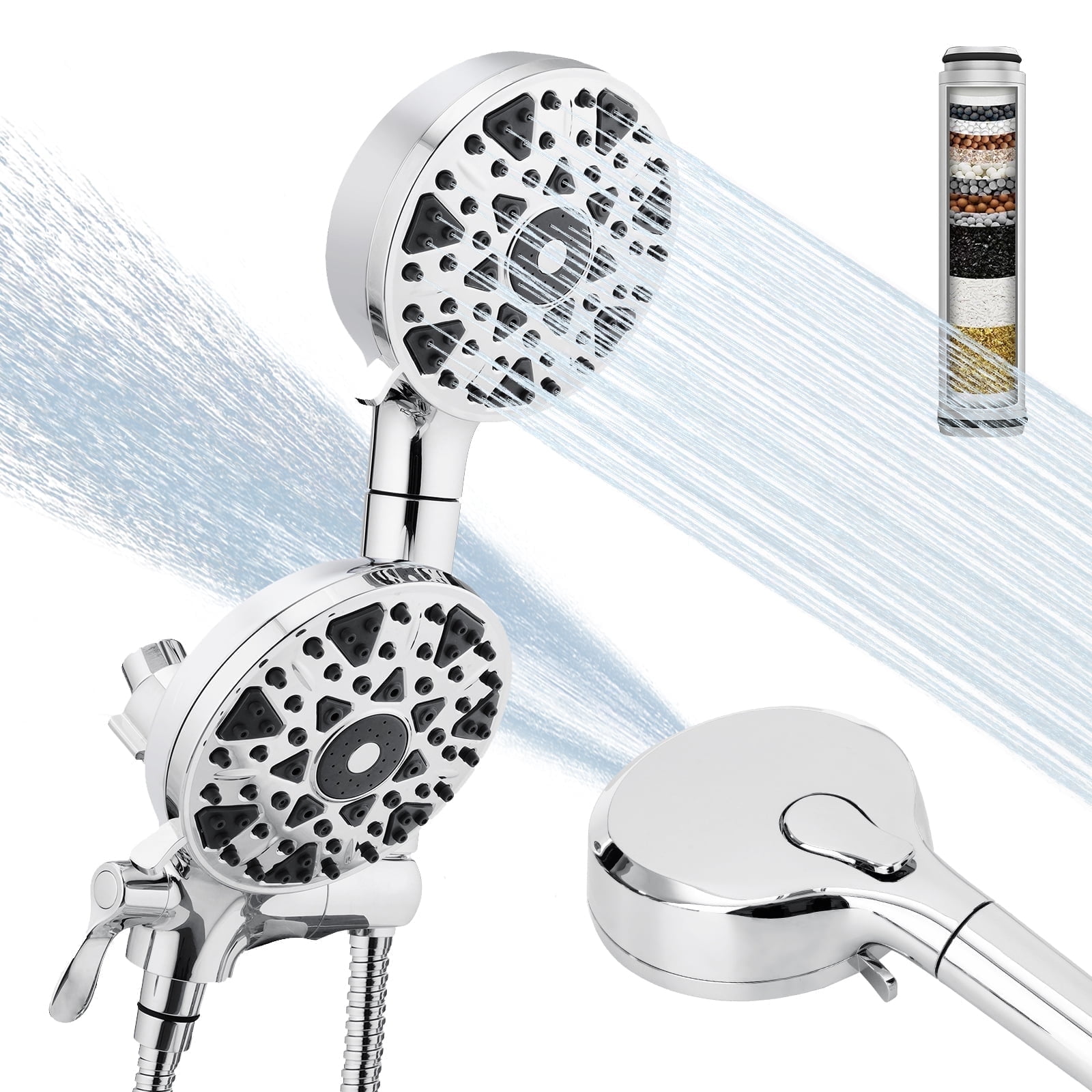 Aqua Spa 1442 Doccia A 3 Vie Con Soffione Pioggia Da 20 Cm E Doccetta 5 Funzioni: Cromato, Tubo 1,5 M, Installazione Facile Senza Attrezzi.
