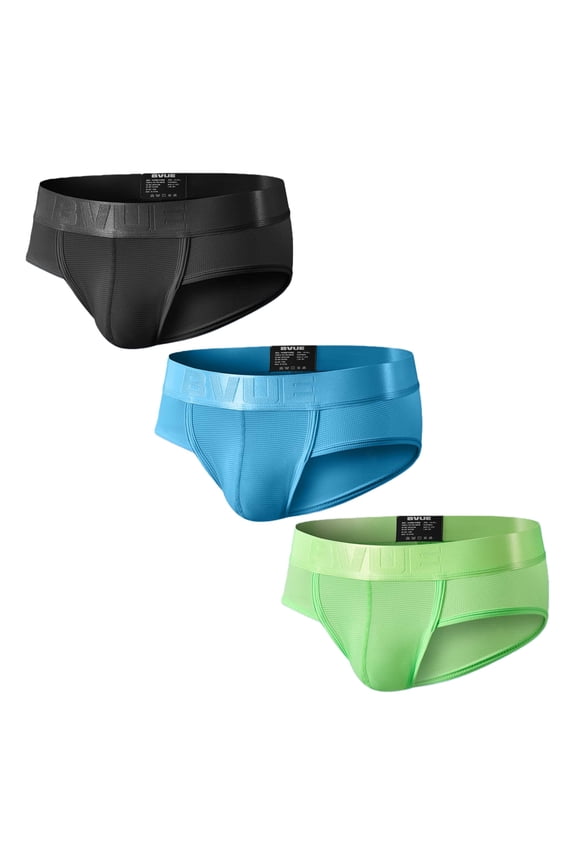 Men's U Pouch Mesh Underwear, Breathable Low Rise Briefs, Black Blue Green, Size XL, 3-Pack
