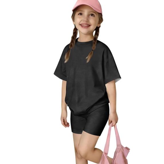 BVWKPCV Girls Clothes Tween Girl 2 Piece Outfits T-Shirt Tops +leggings Shorts Set Cute for Girls Outfits Size 7-14 Black 3-4Y