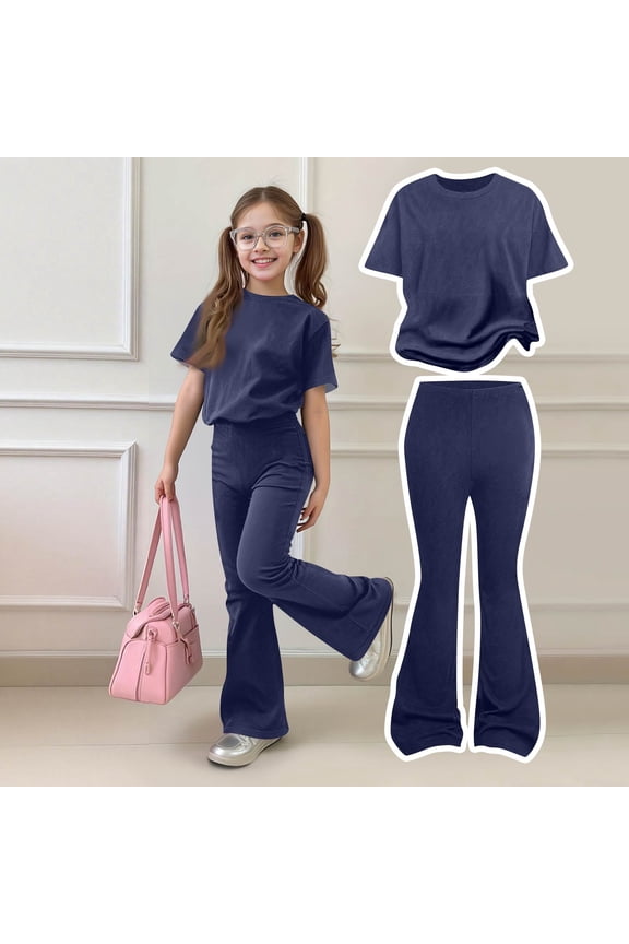 Girls Clothes Tween Girl 2 Piece Outfits Trendy T-Shirt Tops + Flared Pants 2 Piece Spring Clothes Set Navy 9-10Y